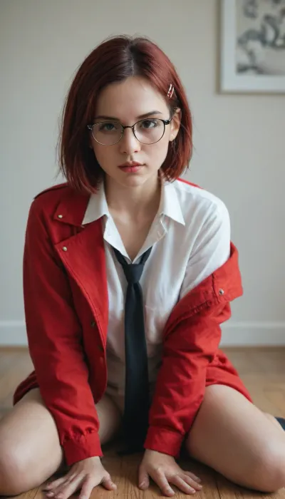 A photo-realistic shoot from a smartphone showing a young woman with blue hair styled in a short bob cut, wearing a red jacket, white shirt, black tie, and glasses, sitting on a wooden floor in the middle of the image, looking directly at the camera with a serious expression. the woman appears to be in her late or early twenties, with pale skin and a slim body. she is wearing black thigh-high socks and a red hair clip in her hair. the background is a plain white wall and a beige bedspread, and the lighting is soft and natural, creating a cozy atmosphere. the image is taken from a top-down perspective, with the user's profile visible at the top of the screen. the text "перепити к посту" is written in Russian at the bottom of the screenshot, indicating that it is a screenshot of a photo editing app. the photo appears to have been taken from the front, with a caption that reads "331/3191".