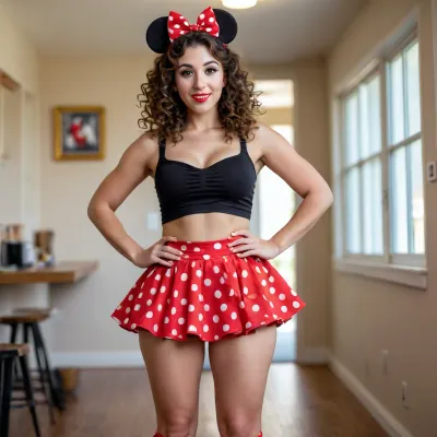 36 yo slut white woman olive skin tone. Big messy curly brown hair. Thick thighs. Thick ass. Small tits. Beautiful legs. Wearing Minnie Mouse ears red polka dot bow tight black croptop shirt red polka dots skirt yellow sneakers.