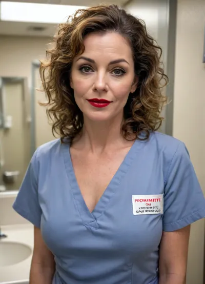 55-year-old nurse posing in a hospital restroom, showing her tits, wearing scrubs, red lips, brunette curly hair with grey roots