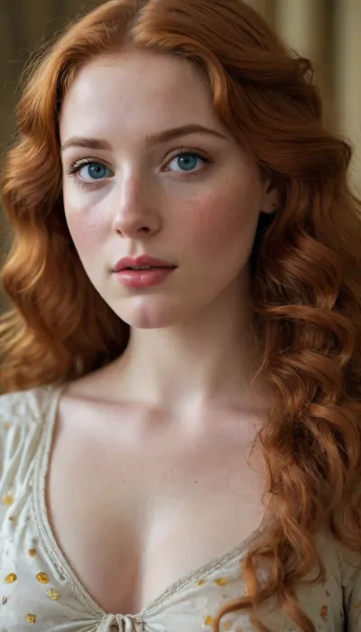 sweet woman, 21 years old, plump big slightly inflated lips, big blue eyes, long golden red hair, slightly curly. Eyebrows to match the hair tone. an abundance of freckles on the face. She is pretty, with an oval face completely covered in freckles. looks like Venus from Sandro Botticelli's painting "The Birth of Venus"