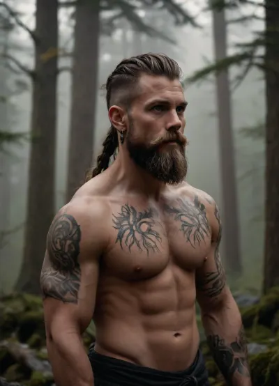 Muscular man, Norse mythology, Yggdrasil tattoo, intricate branches, roots, and leaves, bold black ink, sleeveless arm, flexed bicep, Viking-inspired beard, braided hair, silver earring, Nordic warrior, forest setting, misty atmosphere, foggy mountains in the background, golden lighting, cinematic composition, 3/4 view, dramatic shadows.