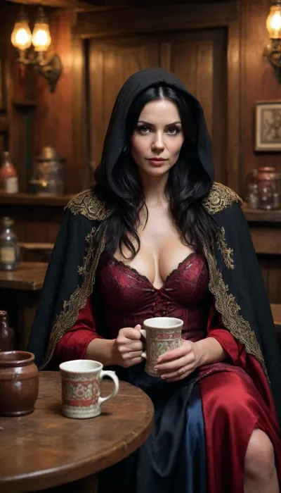 a 45yo Russian beauty milf, (black hair cape with a hood thrown over a rich dress, sits in a dirty dark tavern among drunken beggars. clay mugs, sexy cleavage, lace filigree of bright, rich color. plus colored alcohol ink)