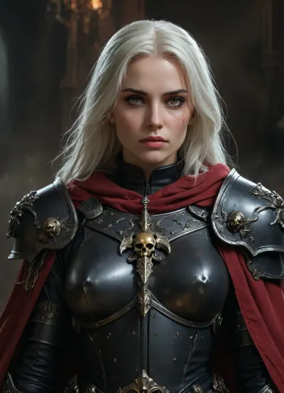 Medium-long shot digital painting of a formidable Warhammer 40k Sister of Battle, Order of Our Martyred Lady aesthetic. She has sleek, shoulder-length straight white hair and an intense, piercing gaze directed forward. Clad in ornate, battle-worn black power armor with polished steel trim and detailing. Prominent skull iconography on pauldrons and torso armor, below a chest emblem. Wearing a tattered, flowing deep red tabard and a matching red cloak billowing slightly behind her. Dramatic, atmospheric studio lighting with soft highlights defining the armor contours against a dark, smoky, textured charcoal background. Hyper-detailed digital painting style, painterly realism. Mood is grimdark, imposing, stoic, powerful., hkstyle, <lora:hkstyleV5:.8>