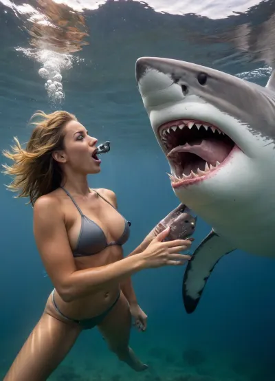 Sexy diver in bikini stuck up to her waist in the mouth of a white shark