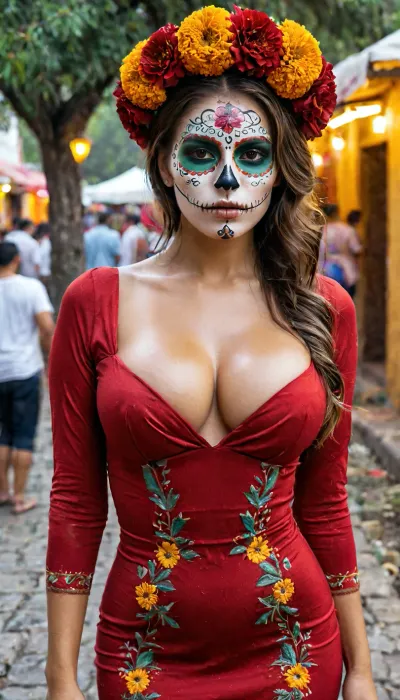 intricate details, A 25 years old mexican, the most beautiful woman, (mexican skull face paints), seductive, white and tan wet skin, flat booty, slender, 8k uhd dslr high quality, spanish, pointy nose, insanely detailed photo, highest quality, detailed skin texture, masterpiece, 4K, (very haircut), slim body, updo hair, light brown hair, big rounded breasts, woman, hairstyle, fully dressed, ((sexy tight embroiderd red dress)), ((marigold wreath upon head)), (full body view), very large breasts, standing close to the tree, outdoors, ((night of the dead mexican street festival)), night time, view from front, pose standing, open blouse, breasts fully hanging out, insanely detailed photo highest quality detailed skin texture photography highly detailed sharp focus intricate details realistic perfect eyes detailed eyes realistic eyes sharp face, (detailed face paint), perfect legs, naturtal skin skin pores, very wet face, wet body, very wet legs, very wet pussy, vet clothes, wet hair, perfect hands, <lora:add-detail-xl:1>, <lora:xl_more_art-full_v1:.5>, <lora:RMSDXL_Enhance:.8>, movie, still, film, cinematic, shot, lighting, macro, 35mm, green, eyes, blue, brown, close, up, teeth, braces, <lora:AdvancedEnhancerXLv2:.8>, aesthetic, <lora:aesthetic:.8>