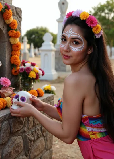 Ultra-realistic, cinematic lighting, 8K, preparing for the Day of the Dead celebrations in Mexico, (beautiful woman with Mexican features creating a festive altar in a cemetery), close-up, turns and looks at the viewer, (face painted in traditional style for the Day of the Dead celebrations:1.2), (black hair styled in a wreath of flowers:1.1), (in a festive Mexican dress:1.1), (holding a sugar skull near the altar:1.4), (colorfully decorated altar in the cemetery:1.4), clear detailing of what is happening, clear lighting, golden hour.