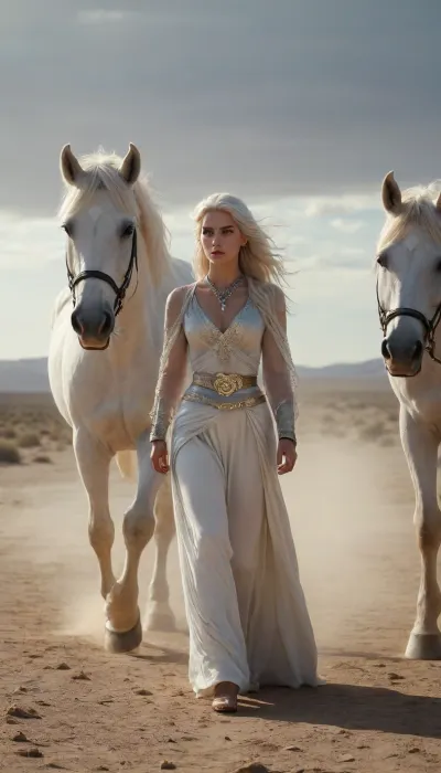 A cinematic fantasy scene of a mysterious silver-haired woman walking beside a white horse across a vast sunlit desert plain. Her long, wavy hair flows in the wind, and she wears layered silver jewelry that glimmers in the pale light — ornate necklaces, bracelets, and a jeweled belt. Her dark, elegant clothing contrasts with her luminous hair and the soft, muted tones of the landscape. Dust swirls around her feet as she walks with regal confidence, the horse calmly following by her side. The camera pans slowly, capturing the shimmer of metal and fabric, with soft golden lighting and an epic, ethereal atmosphere. High detail, 4K cinematic fantasy aesthetic.