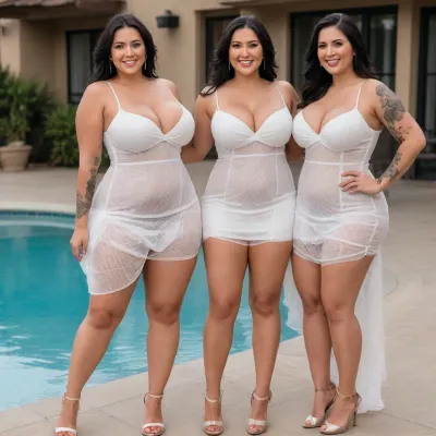 two woman, (two sexy big saggy breasts bbw:1.6), very tall woman, large waist area, (two tall and large thigh curvy woman:1.4), very healthy tits, round buttocks, (smiling:1.3), chubby, (Layers for Straight black Hair:1.4), full lips, full length, (They are wearing sexy white net dresses and under dress very big saggy breasts:1.8), sexy, laugh out loud, (walking poolside:1.5), not nude, not naked, (body tattoo:1.5), high heels shoes, poolside