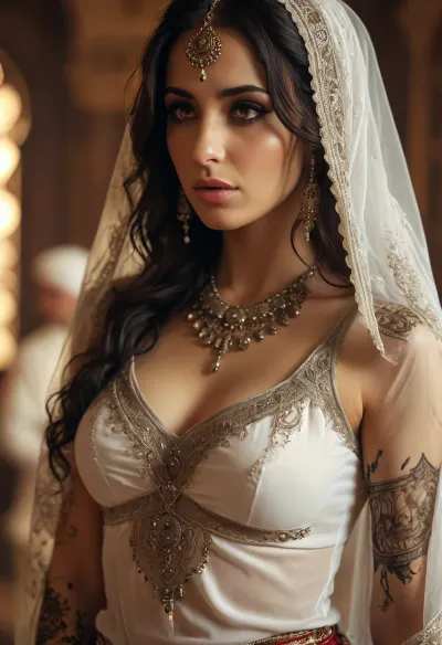 Arab Woman, veil, fully clothed, Henna-tattoo, belly dance, harem. White man looking at her, cruel face, lust on face, wearing a suit. White womman looking at her, wearing blouse and skirt. 3/4 view, (highly detailed, ultrarealistic, masterpiece, best quality), <lora:MJ52:.8>