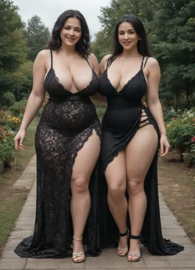 two 40 year old woman, two woman, very tall woman, large waist area, (two tall and large thigh curvy woman:1.7), very healthy tits, wide hips, round buttocks, (smiling:1.3), chubby, (Layers for Straight black Hair:1.4), full lips, full length, (They are wearing sexy different lace dresses:1.8), sexy, (sexy cleavage and visible nipples area:1.2), laugh out loud, Casual sitting, (big saggy breasts:1.5), not nude, not naked, (bridal garter:1.2), Walking on the home garden, Casual home garden walk, Strolling along the home garden, home garden walk, Their face is looking at the viewer, eyes looking at the viewer