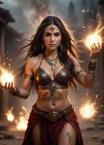 A cinematic fantasy scene featuring a fierce tribal sorceress casting a spell in a storm of glowing embers. Her long dark hair flows wildly as she channels swirling golden energy between her hands, forming a radiant sphere of light. Ancient tattoos and mystical symbols glow faintly on her skin. She wears traditional leather garments adorned with feathers, beads, and bones. The atmosphere is charged with magic — dust and sparks float through the air as the camera circles her in slow motion. Her eyes burn with determination and power. Dramatic lighting, shallow depth of field, ultra-detailed, 4K epic fantasy film aesthetic., <lora:uberfit_lora_sdxl:.5>, <lora:DetailedEyes_V3:.4>