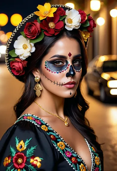 (masterpiece:1.2), (best quality:1.2), (ultra-detailed:1.1), photorealistic, 8k, (realistic skin texture:1.1), soft diffused lighting, volumetric lighting, centered, (Close-up portrait of a beautiful young hispanic woman:1.3), with, (Day of the Dead sugar skull makeup:1.4), (calavera makeup:1.3), full face painting. She has dark, flowing hair and is wearing a, (traditional black Mexican dress with vibrant floral embroidery:1.2), and a, (sombrero adorned with colorful paper flowers:1.3), . Golden filigree earrings hang from her ears, and a delicate gold chain necklace with a small charm graces her neck. The background is a, (softly blurred nighttime street scene:1.1), with warm, glowing bokeh lights from streetlights and passing car headlights, suggesting a festive night