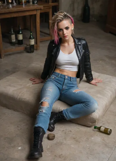 London, 1975, punk culture, full body view, 20 year old, skinhead, mohawk haircut, peroxide blonde, filthy apartment, ripped blue jeans, worn out jeans, white t-top, black leather jacket, black boots, dirty hair, piercings, punk decor, broken furniture, strewn empty alcohol bottles, strewn empty beer bottles, old dirty mattress on floor, pink dyed hair, no electricity, dim, dark