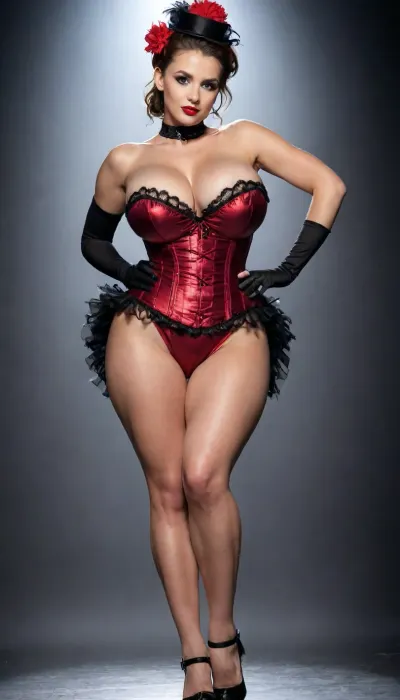 Best quality, masterpiece, high resolution, 8k wallpaper, high quality UHD, high detail 8K, perfect lighting, best shadow, best frame, dark theme.

Dark red thick lush hair, pulled back in a simple braid, a few strands pulled out to frame her wide cheekbones, nose slightly upturned, lips nicely plump.

European MILF, female 30 years old, MILF figure, muscular build, tall toned build, long slender legs.

Huge tits, huge breasts, big breasts, beautiful breasts, teardrop shaped breasts, big saggy breasts, big dark nipples.

Thick huge ass, round curvy buttocks, toned thighs, curvy lower body, slim waist.

Naked woman on stage, a cardi ballet dancer, dancing cancan, dark stage, darkness all around, the woman's body is illuminated by a spotlight, a beam of light illuminates the female body.

on a woman, a cancan dancer's costume, A cancan dancer's costume is a bright, spectacular and at the same time functional clothing created for stage performances in the style of the 19th century French cabaret. The main elements of the costume include, **1. Corset, ** A rigid or semi-rigid corset made of shiny fabrics, (satin, velvet), often decorated with lace, rhinestones or embroidery. It emphasizes the waist and creates a feminine silhouette.

**2. Skirt, ** A multi-layered lush skirt with flounces or ruffles. Most often, a bright fabric with a contrasting lining is used, (for example, red with white, blue with black), which the dancer actively lifts during the dance, demonstrating the dynamics of movements.

**3. Stockings, ** Black and white striped or plain stockings are one of the recognizable elements of the image. They are often complemented by garters.

**4. Shoes, ** Low dance shoes or high heels, comfortable for active movements and jumping.

**5. Accessories, ** Feather in the hair or hat, elbow-length gloves, lace necklace or choker., <lora:milkers_v2:.8>, a, woman, with, balloons, in, <lora:bboobs-000005:.8>
