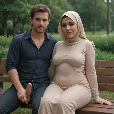 Scene of one woman and one man

Woman, dark skin, wears hijab, long dress, (chubby:1.5), mature, ((50 years old)), wrinkles on skin, sits on bench, smiles seductively Man, blonde, 20 years old, skinny, open pants, penis erected, sitting on bench next to woman

Scene, a bench in a park, she holds his dick