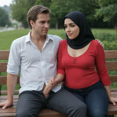 Scene of one woman and one man

Woman, dark skin, wears hijab, long dress, (chubby:1.5), mature, ((50 years old)), wrinkles on skin, sits on bench, smiles seductively, stroking man‘s dick
Man, blonde, 20 years old, skinny, open pants, penis erected, sitting on bench next to woman

Scene, a bench in a park, she holds his dick