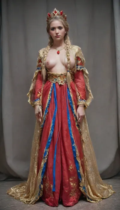 standing on 4 in park, insanely hot, sexy young Velma in soaking wet white shirt, (very long wet hair:1.4), wet cloth sticks to her body like a second skin, shaping her massive tits, (((nipples visible under clothing))), pointy perky breasts, extreme puffy nipples, perfect waist, perfect hourglass figure, skin pores, detailed skin, perfect hands, perfect fingers, realistic skin, masterpiece, best quality, high resolution, ultra detailed, bulging big tits, erect hard nipples visible through the cloth, no panties, shaved pussy, skinny, 18yo, very cute face, adorable, big shiny blue eyes, detailed face, detailed hair, detailed shirt, wet shirt, full body view, ((The image shows a young woman dressed in an elaborately detailed Renaissance-style dress. The dress is decorated with red, white and blue flowers, as well as intricate lace. On her head she wears a floral headdress made of red and blue flowers.She looks very delicate and sophisticated, with pale skin, blue eyes and golden hair. The background is a blurry mix of blue and gold tones, which gives the image a dreamy, dreamy look. Overall, the image creates an impression of classic beauty and elegance.)), ((full body view, The photo shows a woman dressed in a traditional Russian outfit. She has long blonde braids in her hair and a, (red crown with jewels:1.6), on her head.:1.5)), <lora:WetshirtXL_-_Wet_T-Shirt_for_SDXL:.8>, NEGATIVE_HANDS