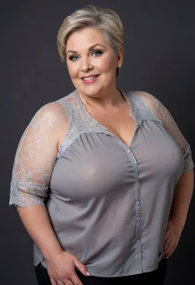 (Close-up:1.4), focus on cleavage, portrait photo a Scandinavian chubby mature woman, (ssbbw:1.2), perfect face, ((fat ginormous huge bosom, very limp)), ((oversized cloths, dreamy lace)), tulle, presenting cleavage, fat round face, flushed cheeks, double chin, strong jawline, strong broad fat shoulders, fat strong arms, 70 years old gilf, blue eyes, (light brunette pixie haircut), (straight hair), joyful smile, looking at viewer, (leaning towards viewer), (solid dark grey background:1.3), low level shoot, film grain, style by Flora Borsi, OverallDetail, (fully clothed), ((loose, see through oversized shirt)), leaning, forward, ((shot from side)), plump, skindentation, chubby, bbw, venus, body, sfw, <lora:Chubby BBW - XL:.8>, large, breasts, big, boobs, huge, tits, <lora:bombshell_v2:.8>
