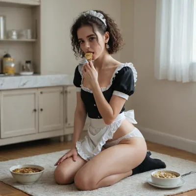 A young woman of about 19 years old, dressed as a maid, is kneeling with her butt raised high, revealing that she is not wearing panties and is eating from a bowl