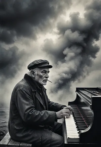 Monochrome, portrait of North German crab fisherman, 80 years old, sits on the North Sea and plays the fisherman's piano, Black, and, white, art, black, shading, charcoal, toned, brutal, dark, b/w, color, scheme, cloudy, smoke, atmospheric, clouds, fog, <lora:Black and white art.V1:1.4>, <lora:Cloudy_Style:.8>