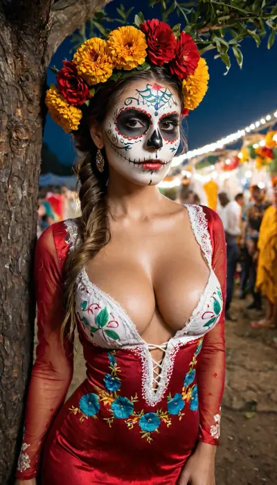 intricate details, A 25 years old mexican, the most beautiful woman, (mexican skull face paints), seductive, white and tan wet skin, flat booty, slender, 8k uhd dslr high quality, spanish, pointy nose, insanely detailed photo, highest quality, detailed skin texture, masterpiece, 4K, (very haircut), slim body, updo hair, light brown hair, big rounded breasts, woman, hairstyle, fully dressed, ((sexy tight embroiderd red dress)), ((marigold wreath upon head)), (full body view), very large breasts, standing close to the tree, outdoors, ((night of the dead mexican street festival)), night time, view from front, pose standing, open blouse, breasts fully hanging out, insanely detailed photo highest quality detailed skin texture photography highly detailed sharp focus intricate details realistic perfect eyes detailed eyes realistic eyes sharp face, (detailed face paint), perfect legs, naturtal skin skin pores, very wet face, wet body, very wet legs, very wet pussy, vet clothes, wet hair, perfect hands, <lora:add-detail-xl:1>, <lora:xl_more_art-full_v1:.5>, <lora:RMSDXL_Enhance:.8>, movie, still, film, cinematic, shot, lighting, macro, 35mm, green, eyes, blue, brown, close, up, teeth, braces, <lora:AdvancedEnhancerXLv2:.8>, aesthetic, <lora:aesthetic:.8>