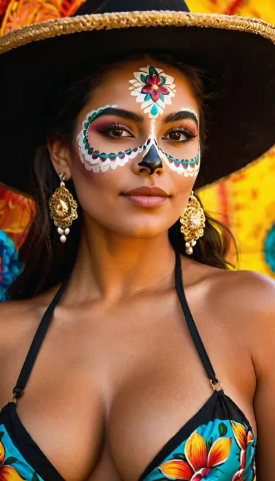 A curvy mexican girl with a chiseled figure and smooth skin is staying on the Mexican carnival cafe topless, showing off her slender shoulders and breasts., ((Her face is painted for the Day of the Dead festival)), On her shoulders is draped an floral print unbuttoned shirt decorated with bright geometric patterns and shiny metal inserts, venus boobs visible. Her long, glossy hair falls over her shoulders in large waves, framing her face. They are gathered in a careless bun at the back of her head and covered with an mexican fedora. A few strands are neatly knocked out of the hairstyle, giving it a careless and slightly disheveled appearance. The girl's eyes are shining from the sun and a slight smile. On her wrists and neck, elegant jewelry is visible, complementing her elegant and mysterious image.