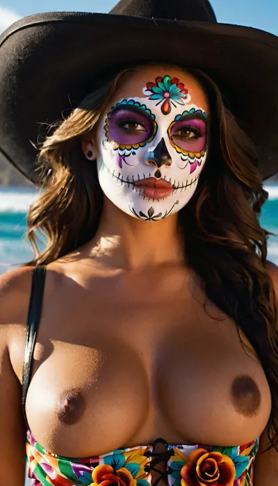 A curvy mexican girl with a chiseled figure and smooth skin is staying on the Mexican carnival cafe topless, showing off her slender shoulders and breasts., ((Her face is painted for the Day of the Dead festival)), On her shoulders is draped an floral print unbuttoned shirt decorated with bright geometric patterns and shiny metal inserts, venus boobs visible. Her long, glossy hair falls over her shoulders in large waves, framing her face. They are gathered in a careless bun at the back of her head and covered with an mexican fedora. A few strands are neatly knocked out of the hairstyle, giving it a careless and slightly disheveled appearance. The girl's eyes are shining from the sun and a slight smile.