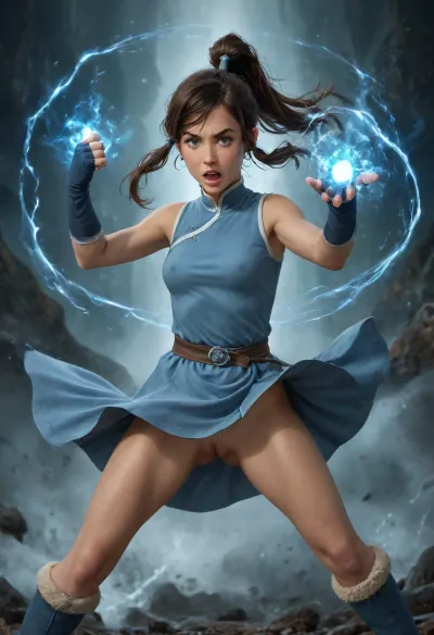 Korra, avatar the last airbender, warry face, shouting, tan-skinned, blue eyes, dark brown hair, hair is shoulder-length, messy bangs, ponytail, slender, thigh gap, sleeveless light-blue Water Tribe-inspired tunic, very tight clothes, covered pointing nipples, fabric belt, (exposed pussy), fingerless gloves, boots, fight pose, wind in hair, wind in clothes, big magic swirl around girl, big glowing magic flows, fantasy, magical powers, <lora:detailed_notrigger:.8>, magical, magic, spell, element, water, swirls, air, wind