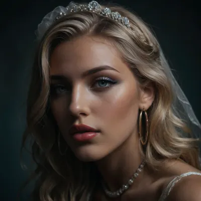 Photorealistic action_shot, shot on Fujicolor pro 400H, 1/4000s, f/1.4, UHD, award winning cinematic artwork, ((closeup Macrophotography, facial sideview portrait of a 19yo aristocratic classy bride)), ((highly erotic supermodel)), ((posh bridal headdress, fishnet veil)), naked torso, golden hoop earrings, pearl necklace, ((explicit nudity)), high awarded erotic supermodel, ((ultimate realistic details)), ((professional makeup, professional hairdo)), long platinum blonde hair with metallic silvery shine, ((marilyn monroe style perm wave)), wavy hair frames the harmonic oval shaped face with defined cheekbones, fevered rosy blush on cheeks, (thin fine-lined eyebrows, clearly defined mascara kohl eyeliner and very long curved lush_lashes:1.2), full lips of a bold red tone, thick red lipstick shiny moisturized by transparent wet gloss, ((fully round lips:1.3)), upper lip is slightly thinner than the lower, lower lip protrude and fully round, half opened mouth, alluring gaze, sensual, 80mm macro lens, (close depth of field), ((very bright dramatic vivid front_light:1.4)), ((blurred background, foggy air)), ((plain azure blue background:1.2)), supermodel, face, big, lips, <lora:attractive_notrigger:2>, <lora:SDXLFaeTastic2400:2>, <lora:Beautify-Supermodel-SDXL:1.2>, <lora:dark:.1>