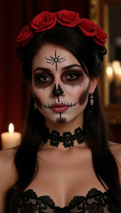 (Close-up of a female catharina:1.3), detailed face, calavera makeup, (intricate skull patterns on face:1.2), red roses in hair, rose tiara, black hair, hairstyle, black lace dress, neckline, rose necklace, earrings, (soft volumetric lighting:1.1), candles in background, halo effect, cinematic lighting, dark background, detailed clothing, (realistic skin texture:1), (high detail:1.2), (incredible detail:1.1), (photorealistic:1.1), (perfectly drawn eyes:1.2), (delicate facial features:1.1), (intricate illustration:1.1), stunning quality, 4k, 8k, artstyle Uttar Kumar, artstyle Artstation