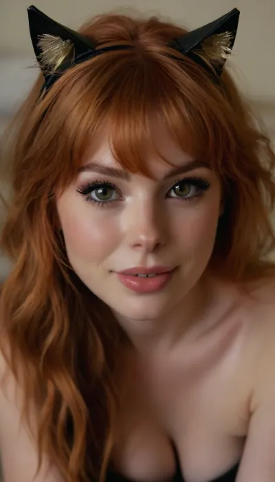 ziprealism, (sensual candid esthetic, stunning cat girl woman, catgirl, mischievous grin:1.8), (f/2.8, shallow depth of field), (closeup shot, lips focus:1.2), (cat ears headband, short ginger-orange hair with golden highlights, French Bob haircut, long wispy bangs with fringe:1.4), (feline facial features, subtle freckles, short upturned nose), (loosely falling hair, loose hair obscuring face, loose hair hiding eye:1.8), (full pouting lips, soft pillowed lips, moist glossy lips, natural skin texture, flawless pale skin:1.4), idarkgbaddie, (cozy bed:1.6), <lora:style_lora_realis:.4>, <lora:igbaddie-XL:.4>