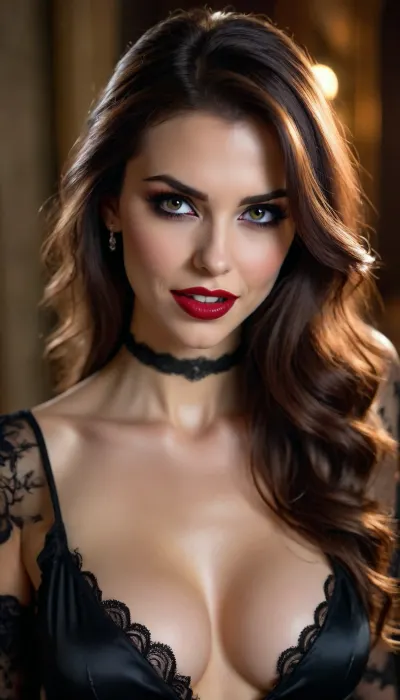 Ultra realistic, Super high quality fantasy photo, (((32k quality))), (((vampire fangs))), woman, Portrait, 30 yo vampire seductress, brunette hair, beautiful french, instagram model in fantasy castle, ((fantasy, with low light)), 30 years old, happy, perfect, slim e body. Sexy black satin dress, not naked, long wavy tousled hair, hair half up half down, perfect face, eye contact, perfect black eyes, gorgeous, sexy, sensual, seductive eyes and look, Perfect, Fangs, fangs, sharp, teeth, fang, <lora:BUT_SDXL_SHS:.7>, <lora:710302_training_data:.1>, <lora:200129_training_data:1.4>, <lora:Unfazed vampire - XL SDXL V1.0:1.7>