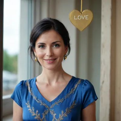 view on window with "love U" written on that window and heart drawed on that window. Beside the window a 40 years old woman, no makeup, short black hair, blue eyes, smiling, dressed with silk dress, large gold loop earrings
