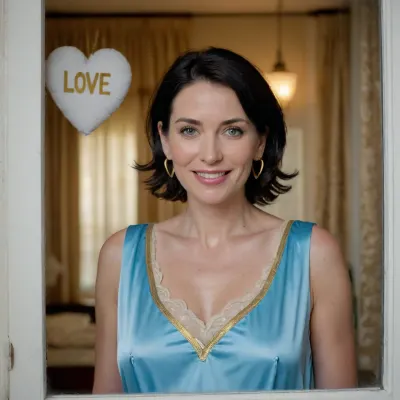 view on window with "love U" written on that window and heart drawed on that window. Beside the window, full view of 40 years old woman, no makeup, short black hair, blue eyes, smiling, dressed with silk nightgown, large gold loop earrings