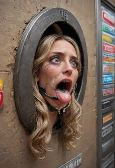 ((front side view, rotated, angle, style:1.3)), (40 years adult), (woman is stuck with her hips in a round hole with metal rim in a vending machine), (her bust is protruding from a round hole in the front of the vending machine:1.5), (stuck in hole with metal rim:1.3), (vending machine at night, slot for payment), (wide mouth spreader ring gag, gaping mouth:1.5), (leaning forward), (embarrassed, ashamed), (pleading expression:1.2), (terrified:1.6), (crying:1.2), (fear and panic:1.2), (box is low mounted, close to floor), (score_9, score_8_up, score_7_up, UHD 8K, masterpiece, best quality, maximum details, natural light, extreme realism, cinematic still), (huge penis:1.4), (she stares at erect penis in front of her face:1.3), (POV from above, she is looking up to viewer, submissive), (POV man standing and looking down, man stroking his big dick:1.1), (arms restrained to wall), (her arms left and right flat against the wall, multiple iron rings fixing her stretched arms against the wall:1.5), (POV standing man, looking down on her:1.2), (mouth wide open), (dirty blonde Swedish woman, freckles, tanned), (tan lines), (iron rings restrain her arms to vending machine), (her arms are spread eagle against vending machine:1.8), (arms restrained with iron rings:1.8), (free-standing vending machine), (her face is covered in cum:1.6), (enormous cum in er mouth:1.12), (bukkake, facial:1.48), (crying:1.3), (freckles, skin impurities), (transparent liquid:1.2), (realistic cum), (wet face:1.2), (oily skin:1.5), (stuck in a round hole with metal rim:1.6), (long blonde hair, elegantly styled hair, long wavy hair:1.5), (eyes wide open in horror:1.8), (her mouth serves only one purpose), (she's got a new job, she's a public cum dumpster), tall african man, (african mega huge brute:1.2), magazine cover, perfect fingers and hands, (extreme size difference:1.6), (ultra realistic), (maximum quality), (high resolution), (extreme detail), (ultra realism), UHD, super high quality, super high resolution, extremely detailed, cock in mouth, (brutal face fuck), Blowjob, (tears in eyes:1.5), (running makeup), (cum drips from nose:1.3), (cum drips from mouth:1.3), ultra hd, photorealistic, hyper gigantic large black cock in mouth, (((large black cock in mouth:1.3))), (one hand around her neck:1.4), choking her hard, strangling her, gasping for air, <lora:LCMTurboMix_Euler_A_fix:1.7>