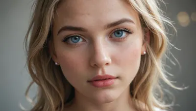 Photographic portrait in a realistic style. Adult woman aged 25–30, blonde. Medium-length silky hair with a light, voluminous styling. Slavic appearance with balanced features, neat nose, blue eyes, fair skin with subtle freckles. Lips of medium fullness with a barely noticeable glossy sheen. Expression is gentle yet confident, direct gaze into the camera. Framing, head and face only, (tight close-up), neutral background with soft bokeh. Lighting is soft and sculpting, emphasizing hair and skin texture. High detail, 8K resolution.

Shooting parameters, full-frame camera, 85mm lens, f/2 aperture, ISO 100, softbox + reflector.

Negative prompt overt sexualization, deep cleavage, heavy Instagram-style filters, excessive plastic retouching, unnatural skin texture, caricature, anime, low resolution.