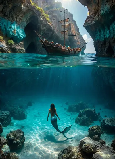 View of a stunning slender mermaid woman swimming underwater, fish tail, sailing ship in turquoise water. texture, photorealistic, ancient Greek ship anchored in front of a large Caribbean cave, sunlight_str1, underwater world, grotto, cave, sand, sea, bottom, reef, <lora:sunlight_str1-SDXL_v1-dim64-steps1691:1.2>, <lora:MJ52:.3>, <lora:Underwater_Environment_v01-000002:.9>, <lora:Splitshot:.4>