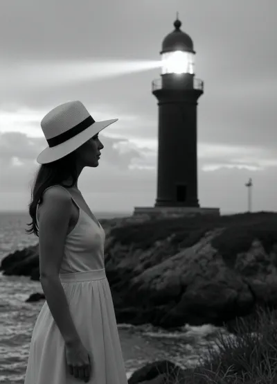 (award-winning photograph), (cinematic black-and-white photograph), (highly detailed), (photorealistic), (masterpiece), black-and-white image of a woman in, (a white dress), and, (a white felt hat with a black ribbon), looking at the ocean, wind in her black hair, (perfect face), (delicate features), against the backdrop of a brightly lit lighthouse, (its beam visible:1.2), (dynamic composition), (evening light), (golden hour), (subtle warm glow), from the lighthouse, (deep ocean), (waves), (rocky shore), (grass and hills), (soft, diffused light), (focus), (bokeh), (professional photography), 8k, (Kodak Portra 400), (Canon EOS R5)