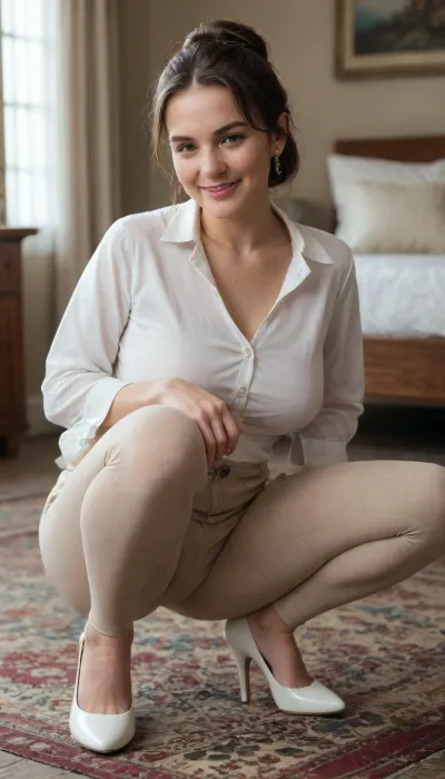 A 50-year-old mature secretary, Uzbek, with high cheekbones, smiling, squatting, there are no earrings on the ears. spreading her legs.long, brown hair pulled back into a bun. Her hair long is straight long and brown. She wears a white blouse with the buttons undone, revealing her ample breasts. She wears tight, thin beige trousers. She has curvy hips and a large butt. A realistic photo. 4k. She is sitting on a patterned Turkish rug. on her feet are white high-heeled shoes