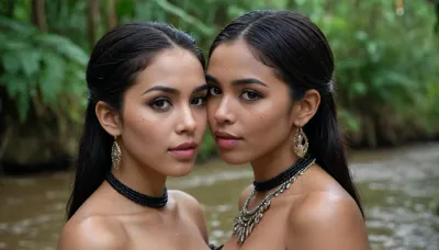 woman, Two Women kissing lips, 20 years old, african, Busty, nigerian, Swamp, Jungle, Riverbed, Dim Lighting, Rain, Dark Lighting, Soft Lighting, large natural breasts, saggy breast, Round Hips, Cute, Small Nose, Narrow Jaw, Long eyelashes, Arching Back, Detailed, Intimate Shot, Ear Rings, Native Jewelry, Tribal, Full Lips, Soft Facial Features, Native, Mouth Dimples, Thighs Touching, Anime, Thick Eyebrows, Very Long Black Hair, Seductive Smile, Makeup, Elegant Hairstyle, relaxed eyelids, inner eyebrow raised, sharp eyebrows, decorated choker, soaked hair