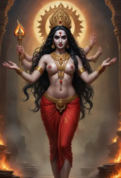 Photorealistic, high definition, Hindu goddess Kali, sexy, sexy legs, midriff, large breasts, **AI Image Generator Prompt, **

"Create a photorealistic image of the Hindu goddess Kali, depicted in her most iconic and fierce form. Kali has dark, almost black skin, symbolizing her connection to the divine and the infinite. Her long, disheveled black hair flows wildly around her face and shoulders, adding to her fierce, untamed nature. Her face is strikingly intense, with wide, fierce eyes that convey both power and wrath. Her mouth is open, revealing her long, sharp teeth and her iconic protruding, blood-red tongue, which gives her a terrifying yet captivating look.

Kali is adorned with various ornaments that emphasize her divine power. She wears a necklace made of severed heads, symbolizing the destruction of ego and the transience of life. Her arms are multiple, usually depicted as four or more, with each hand holding different symbolic items, a sword, a trident, and a severed head, while her other hands may be in mudras or gestures of blessing and protection. Her attire consists of a simple, flowing skirt made of human arms or sometimes a cloth adorned with skulls. She stands on the body of her consort, Lord Shiva, symbolizing the balance of creation and destruction, life and death. Her posture is dynamic and powerful, with one foot lifted, ready to stomp. She exudes an aura of fearlessness and strength, as her fierce energy radiates throughout the scene.

The background is typically a dark, chaotic environment, with swirling flames or the dark night sky, emphasizing her association with destruction and transformation. Despite her intimidating appearance, there is an undeniable sense of profound spirituality and liberation in her presence, embodying both the terrifying and transformative aspects of existence."