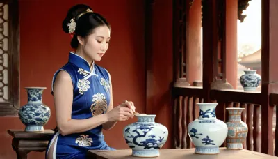 master potter, (woman), Asian woman, (beautiful face), looking at viewer, (making pots), (working on potter's wheel:1.3), (creating elegant vase:1), concentrated, hands in clay, wearing traditional Chinese qipao sleeveless dress, (dark blue qipao with gold pattern:1.1), hair tied back, high hairstyle, fine facial features, (realistic image:1.2), (detailed hands:1.1), next to her on a table, (white and blue Yuan Dynasty porcelain utensils:1.5), (intricate details), (ultra-detailed), (photorealistic), (depth of field), side lighting, (golden hour), diffused light, cinematic lighting, (dust specks in the air), warm glow, (in the sunlit courtyard of the Forbidden City:1.4), Chinese architecture, traditional setting, clearly committed to the calories of Chinese culture, (blurred background), exquisite, (high quality photography), 8k, professionally shot, natural light, skin texture, chvas, chinese_vase, NEGATIVE_HANDS, <lora:Chinese-Porcelain-Vases-sdxl1.0:.9>, <lora:681678_training_data:1.5>