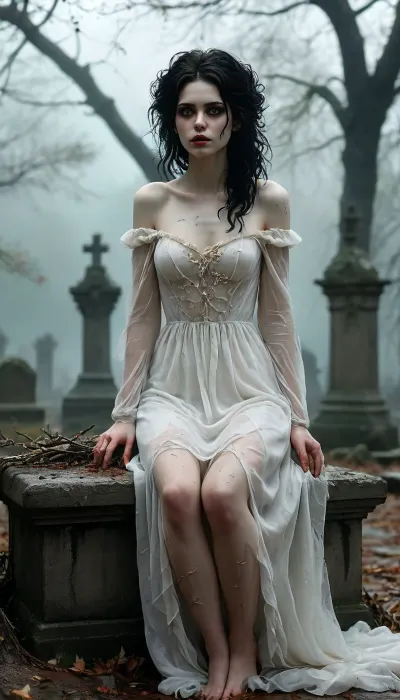 High contrast, full body view, supernatural dead girl freshly out of her grave, alternative, goth, black waist length messy and ruffled dirty black hair with tangles and twigs, pale white dead eyes, wide hips, hour glass figure, (skin painted pale white:1.7), mascara, black lips, long legs, large breasts, starved look, hands covered in soil as if she has just been digging with them, barefoot, dirty feet, (dirty sheer see through white off the shoulder burial gown:1.4), ethereal, lost, unsettling, seductive, imposing, expressionless, mysterious, foreboding, haunting, sitting on a large sarcophagus in a misty graveyard at dusk in the rain, <lora:detailed_notrigger:.8>, <lora:MJ52:.8>