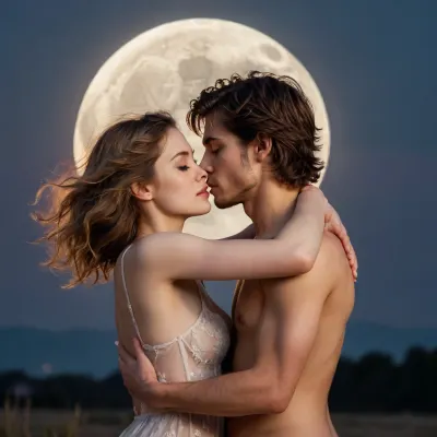 Under the full moon, the two lovers embrace passionately, and under the soft lighting, their bodies embrace each other, showing the passion of the moment.