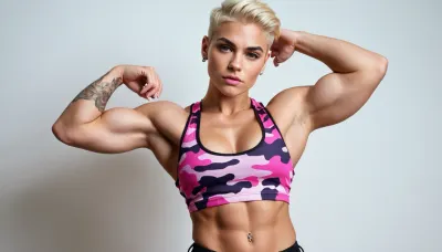 queer non-binary tomboy masculine androgynous girl, young, very muscular, large biceps, very short shaved blonde hair with undercut, piercings, full-body view, sexy outfit, high contrast, high quality details, armpits, pink camouflage outfit with long pants and mesh top, veins, steroids, masculine jaw, dominant, muscular shoulders, white plain background, huge fake boobs, thick straight eyebrows