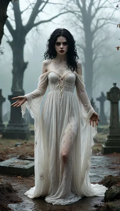 High contrast, full body view, supernatural dead girl freshly out of her grave, alternative, goth, black waist length messy and ruffled dirty black hair with tangles and twigs, pale white dead eyes, wide hips, hour glass figure, (skin painted pale white:1.7), mascara, black lips, long legs, large breasts, starved look, hands covered in soil as if she has just been digging with them, barefoot, dirty feet, (dirty sheer see through white off the shoulder burial gown:1.4), (see thru dress:1.5), ethereal, lost, unsettling, seductive, imposing, expressionless, mysterious, foreboding, haunting, shambling through a misty graveyard at dusk in the rain, head tilted to the right, left arm and hand reaching out to the viewer, <lora:detailed_notrigger:.8>, <lora:MJ52:.8>