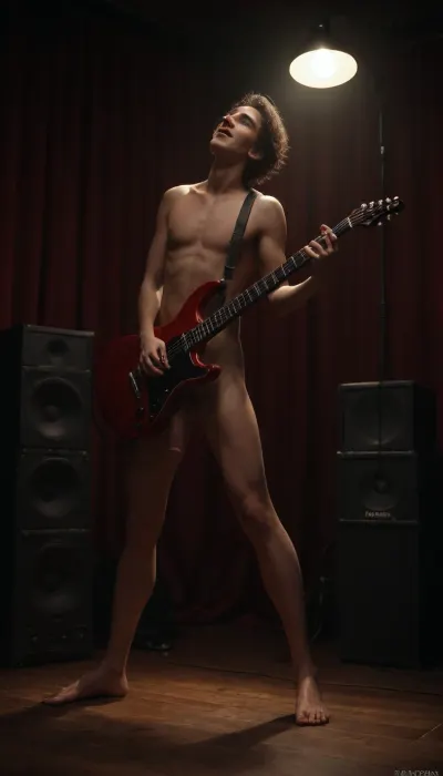 spanish, (male:1.3), gay guy, brown eyes, naked, standing, arched back, legs spread, singing, sceaming, looking up, playing guitar, penis, big penis, smiling, seductive expression, long legs, penis and testicles visible, full body view, in music room, marshall guitar amplifier, studio speaker, (velumia red light from side), designbyjens, red stage lamp on floor, <lora:IGdesignbyjens:.8>, <lora:dark:.6>