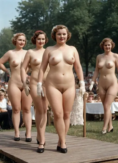 Bbw women, oiled skin, 1930s Vintage soviet nude beauty contest, variation of naked beauty pageant in Reed Square, late 1930 USSR beauty standards, (1930s USSR entourage:1.4), outdoor podium catwalk, crotchless clothes, lace vintage gloves, suspender stockings, medium heels shoes, analog photo, AGFA film