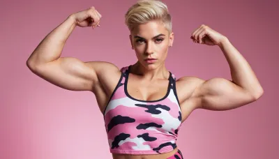 queer non-binary tomboy masculine androgynous girl, very muscular, large biceps, very short shaved blonde hair with undercut, piercings, full-body view, sexy outfit, high contrast, high quality details, armpits, pink camouflage outfit with long pants and muscle tee top, veins, masculine jaw, dominant, muscular shoulders, white plain background, huge fake boobs, thick straight eyebrows