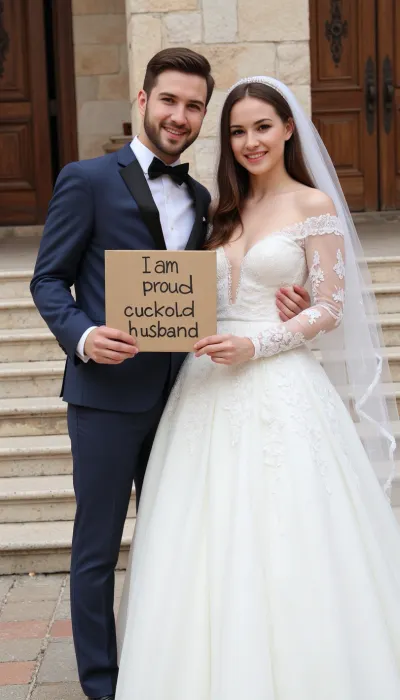 photo of a sexy iranian couple couple, persian super busty bride and groom, super sexy sheer ultra open deep v neck dress, and long lace wedding veil. on their wedding day in front of a church, smiling. Brown hair, The groom holds a handmade sign with text, "I am proud cuckold husband".